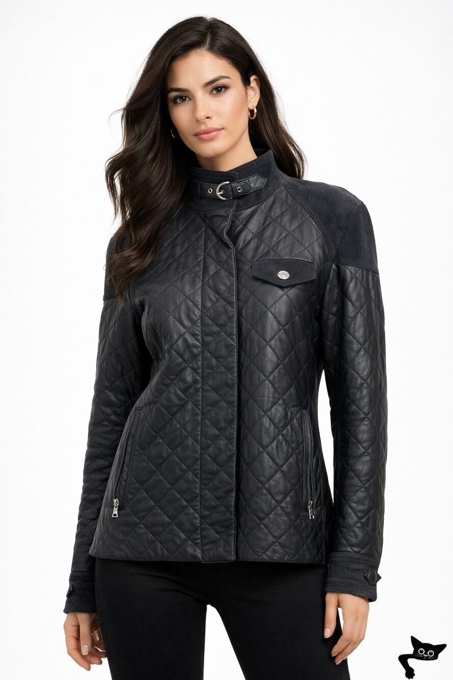 Coach Quilted Leather Jacket Black Women M Suede Trim